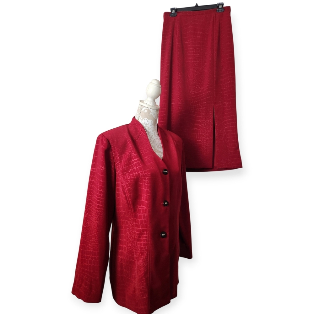 Vintage Sag Harbor Holiday Red Career Business Blazer & Skirt Suit Size 12